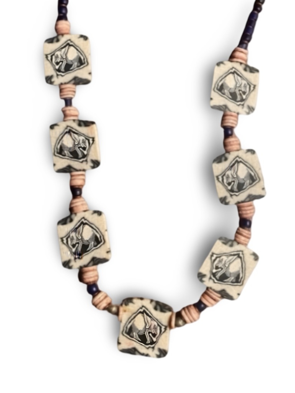 🐘Vintage Hand-Painted Clay, Wooden and Millefiori Bead Elephant Necklace